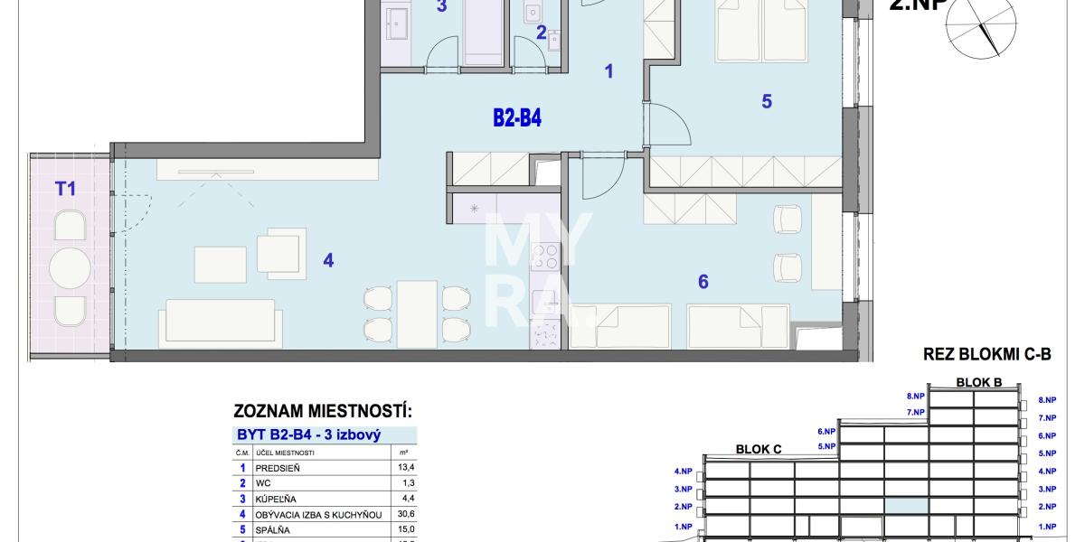 3-izbový byt B2-B4 v Bytovom komplexe Ipeľská