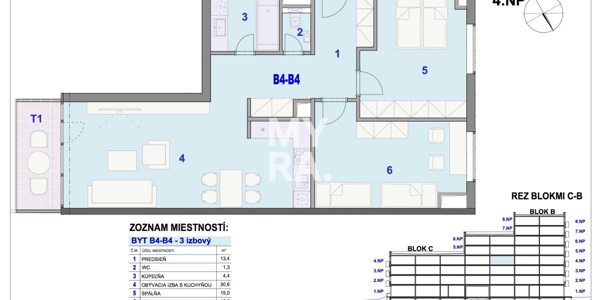 3-izbový byt B4-B4 v Bytovom komplexe Ipeľská