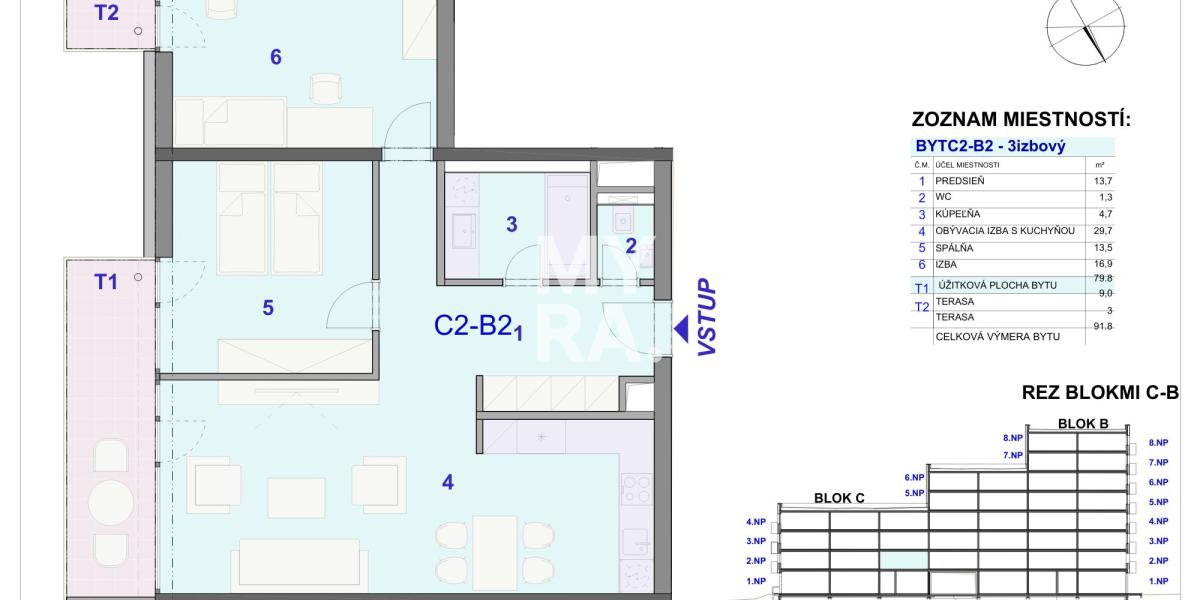 3 izbovy byt, 80 m2 + terasa 9 m2 + balkón, novostavba
