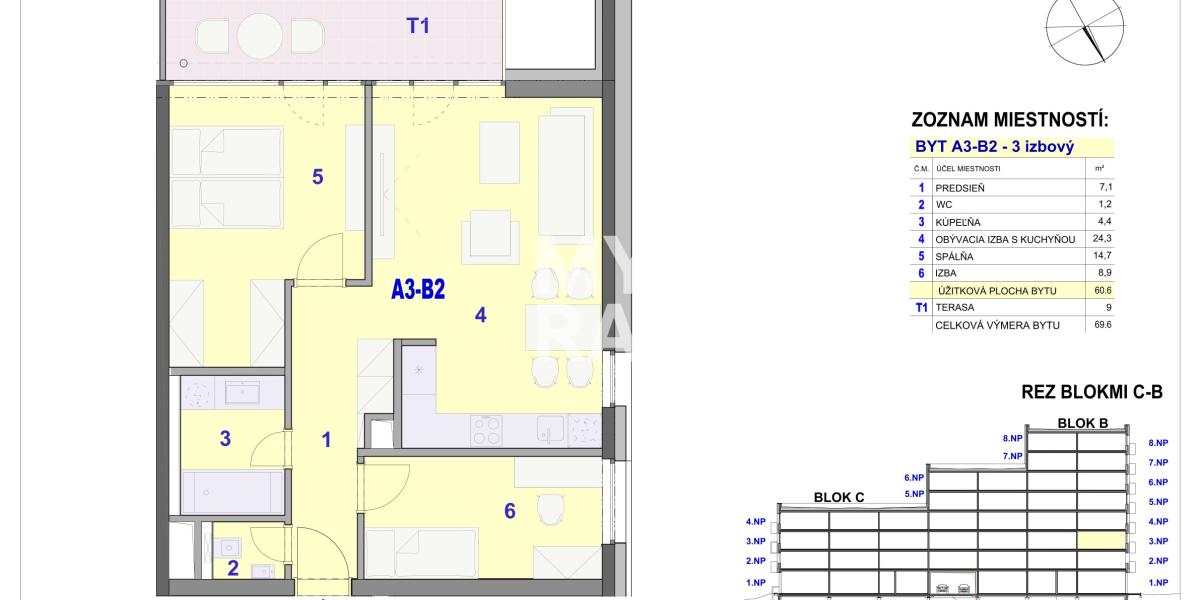 3 izbový byt + terasa 9m2- NOVOSTAVBA-IPEĽSKÁ