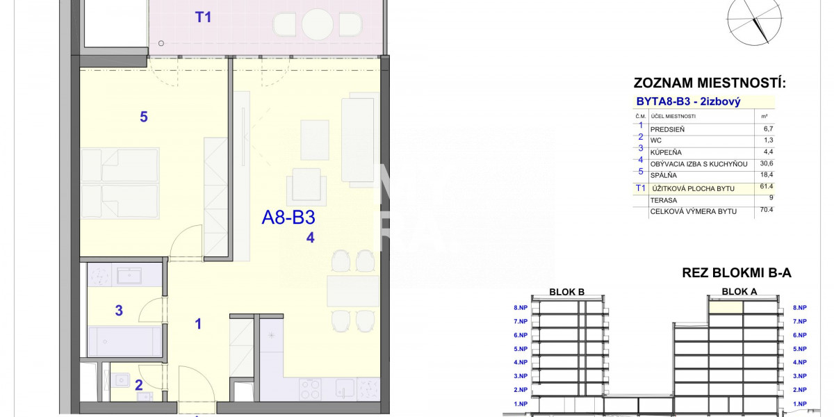 2 izbový byt a terasa 9 m2 v novostavbe, garáž, pivnica, sídlisko Terasa