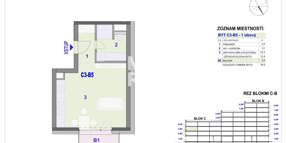 1 izbový byt, 34,90m2 -  BYTOVÝ DOM IPEĽSKÁ - NOVOSTAVBA