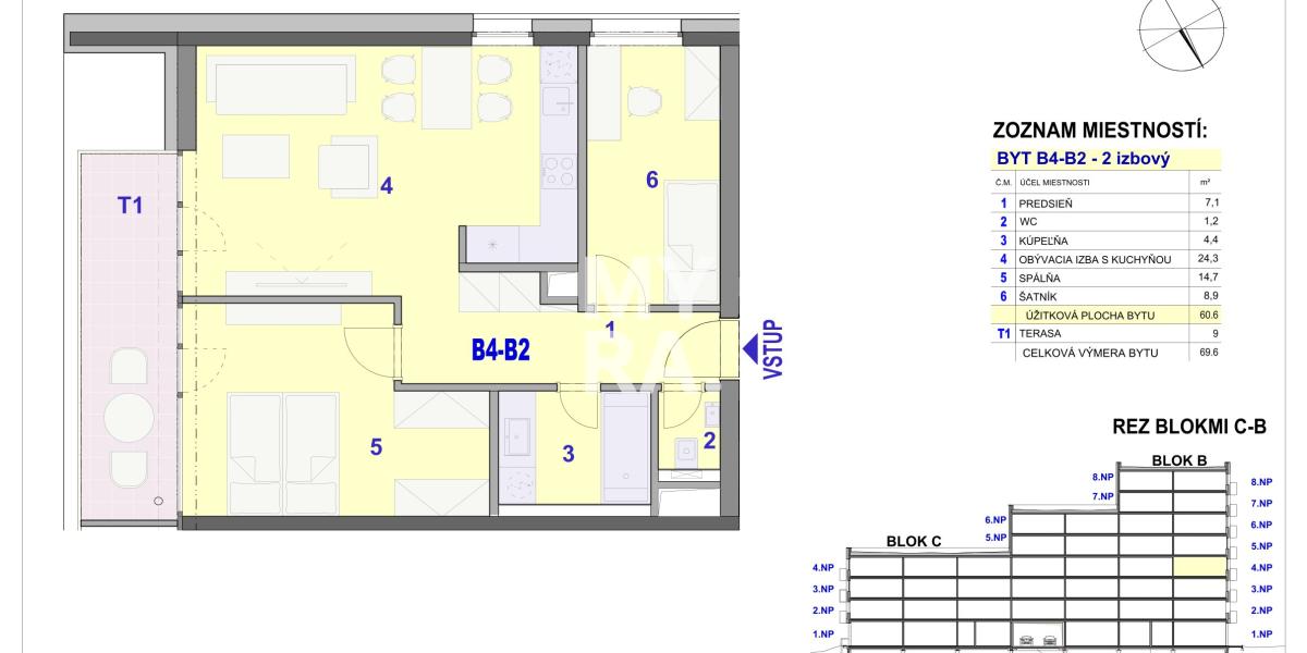 2 izbový byt, 69,60m2 -  BYTOVÝ DOM IPEĽSKÁ - NOVOSTAVBA