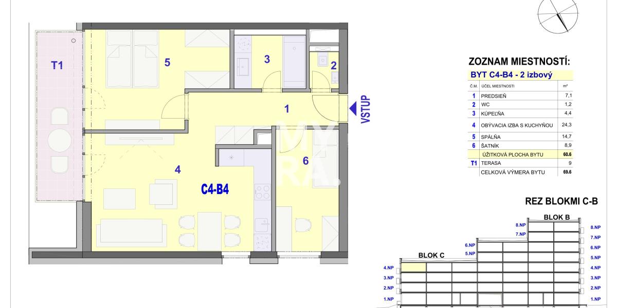 2 izbový byt, 69,6m2 -  BYTOVÝ DOM IPEĽSKÁ - NOVOSTAVBA