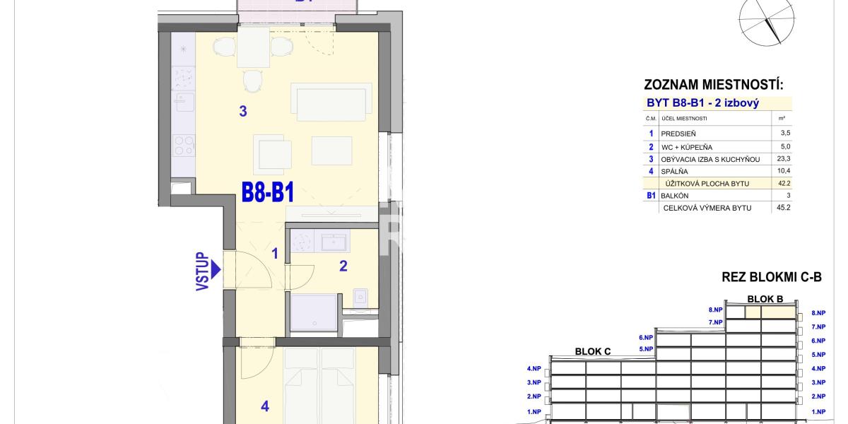 2 izbový byt, 45,20m2 -  BYTOVÝ DOM IPEĽSKÁ - NOVOSTAVBA
