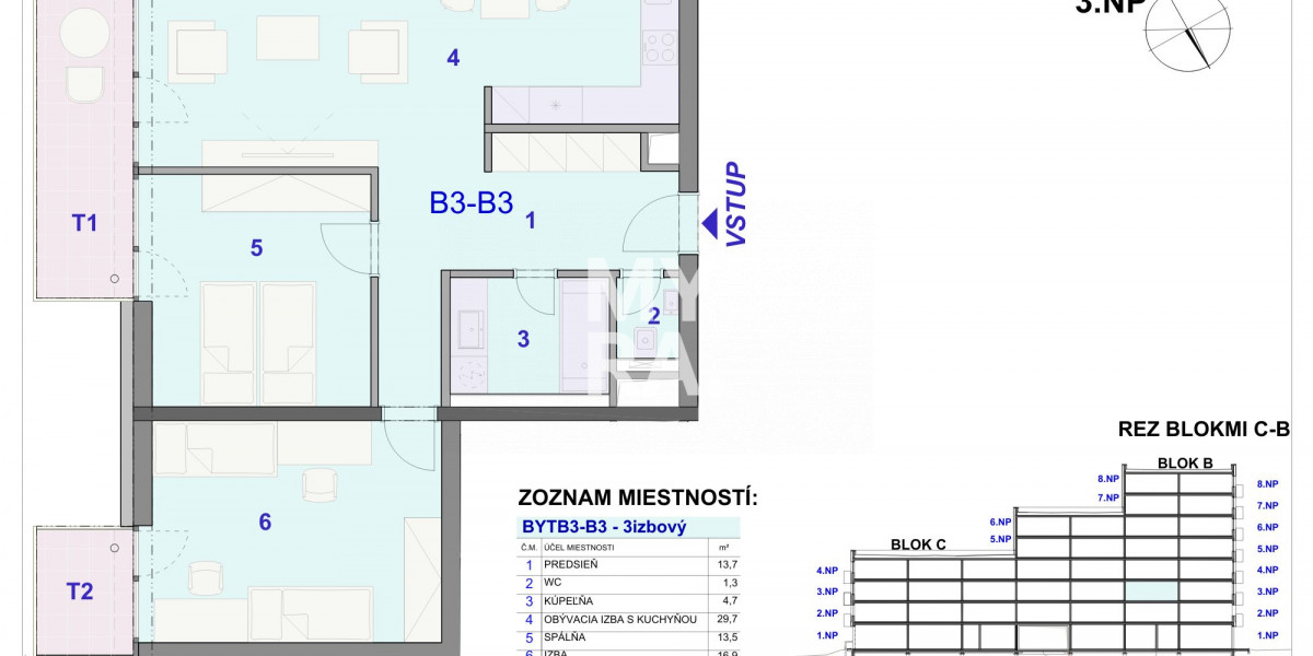 3 izbový byt, sídlisko Terasa, terasa a balkón, 2. poschodie, výťah